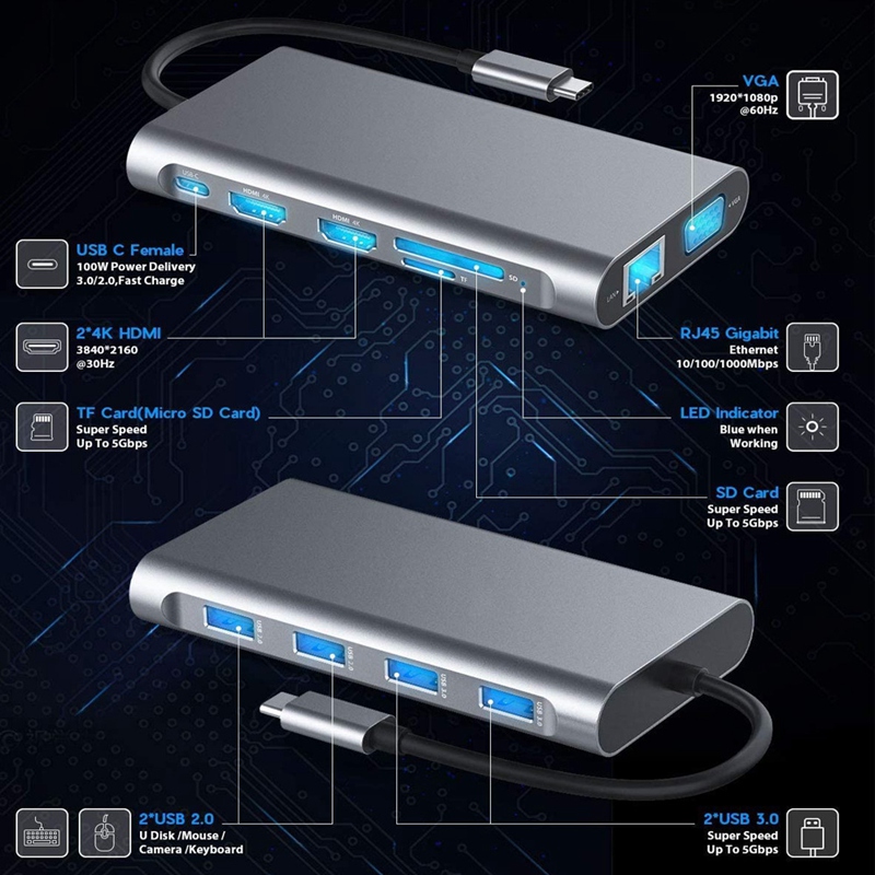 11 w 1 stacja dokująca USB C Adapter, Hub USB C, z VGA, porty USB 3.0, typ C PD, SD/czytnik kart TF, dla Pro