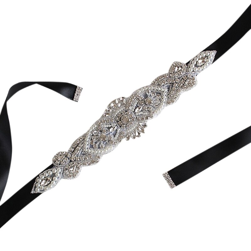Strass Braut Taille Gürtel Satin- Schleife trimmen Applikationen Hochzeit Kleid Kleid Dekor: Schwarz