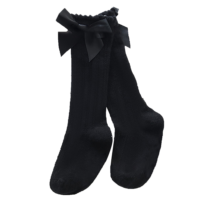 Lente Baby Meisjes Sokken Leuke Strik Ademend Knie Hoge Kinderen Buis Sokken Mode Effen Kleur Kinderen Sokken: Black / 0-2year
