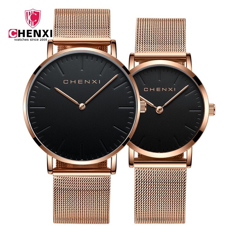 Minimalisme Vrouwen Mannen Lover 'S Horloges Waterdicht Rose Goud Paar Paar Horloge Simple Casual Jurk Horloge Klok: Rose Gold Black