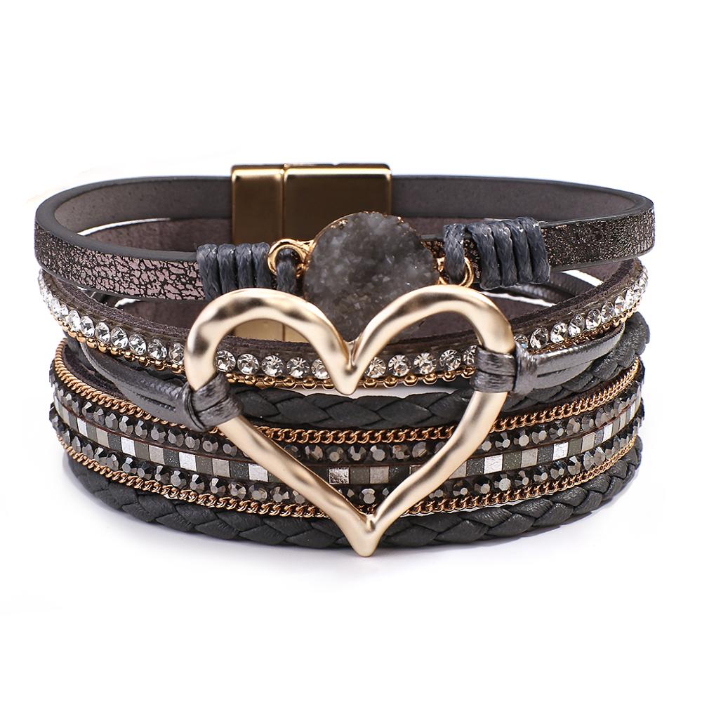 Amorcome-pulsera de cuero trenzado para mujer, brazalete con varias capas de piedras de resina, corazón hueco,