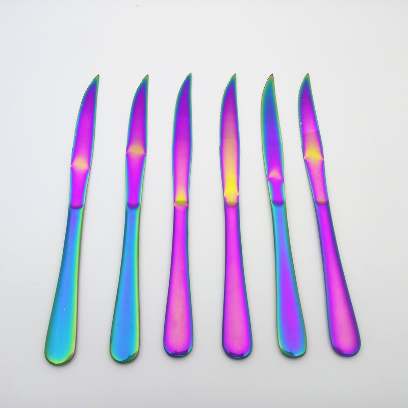 Cuchillos de acero inoxidable para carne de Color arcoíris, cuchillos de cena de estilo occidental, vajilla galvanizada, cubiertos de cena de Navidad, 6 unids/set por juego: Default Title