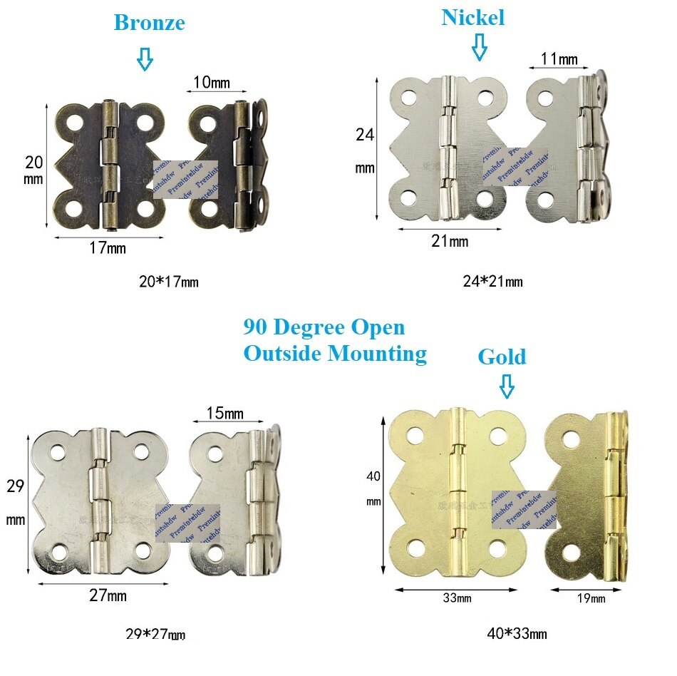 100Pcs/Lot Silver Bronze Gold Iron Butterfly Pattern 90 Degrees Open Hinge With Screw Jewelry Box DIY Handcraft
