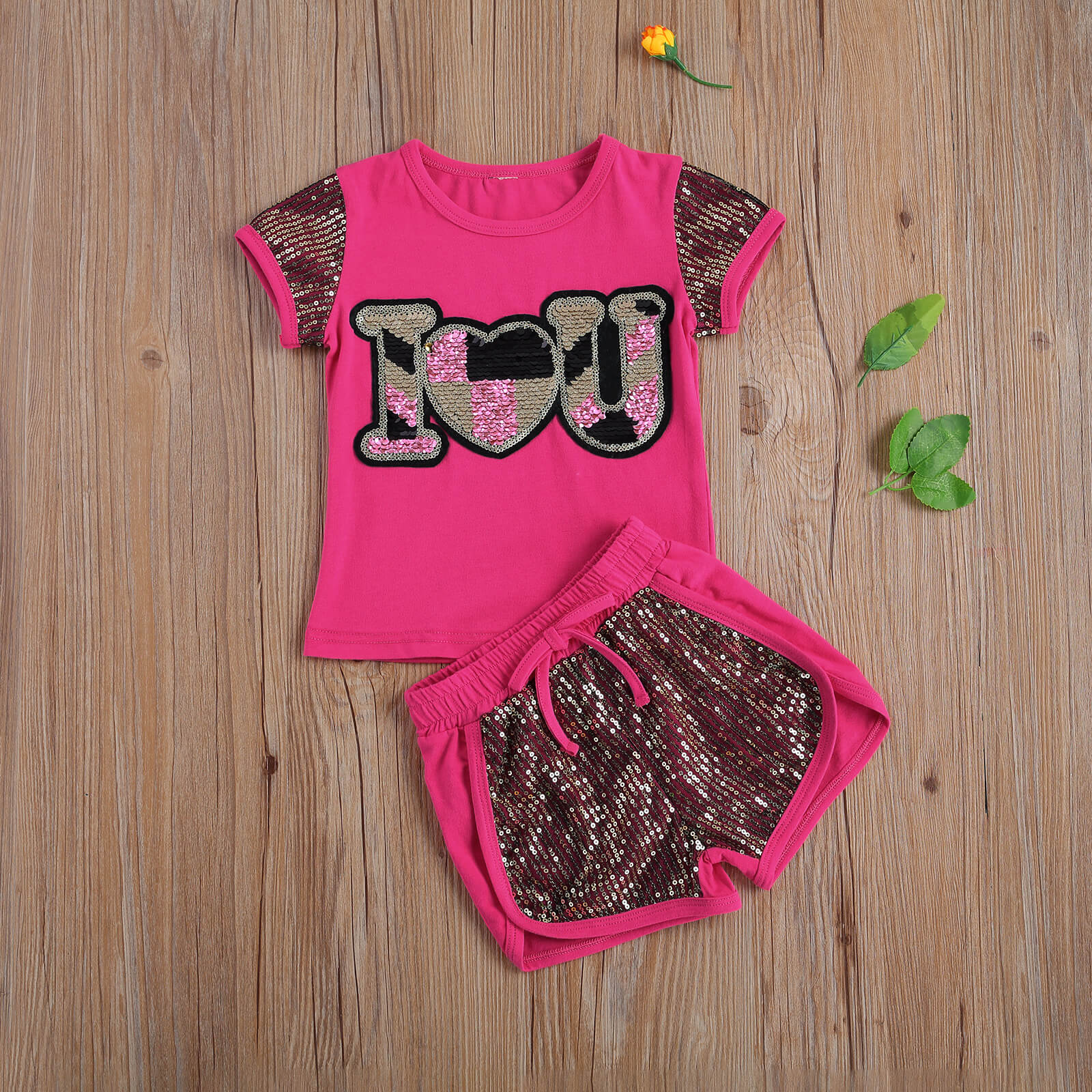 Valentine Kinderen Twee Delige Set, baby Meisjes Pailletten Kleuraanpassing Korte Mouwen Ronde Hals Shirt Baby 'S Shorts Pak 2-7T