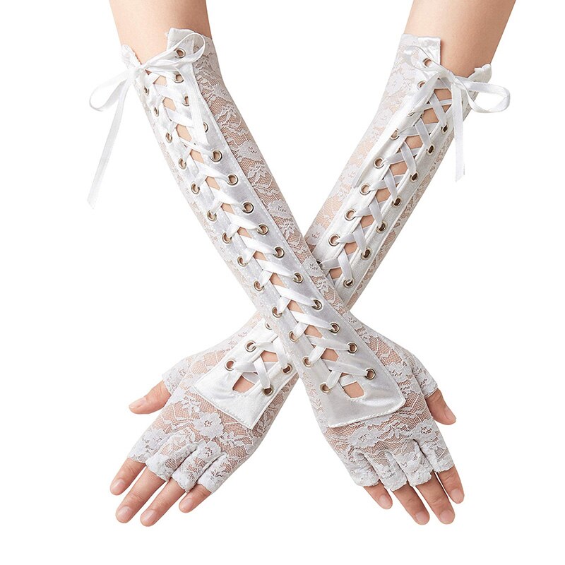 1Pair Women Gothic Long Glove Fingerless Black Punk Hip Pop Half-Finger Mittens Clubwear Dance Cosplay Party Arm Sleeve