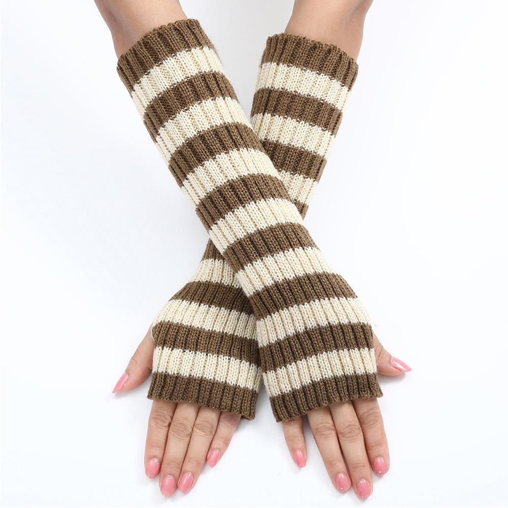 Women's Knitted Fingerless Arm Sleeves Gothic Style Striped Winter Long Arm Warmers Girls Harajuku Y2K Wrist Gloves: Beige