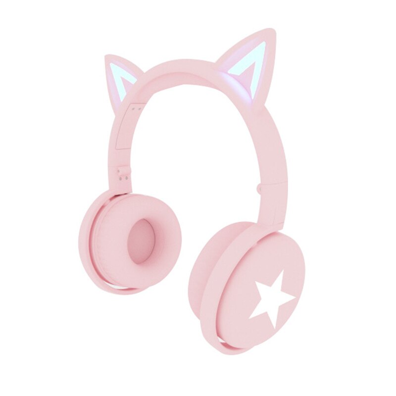 Cat Ear Wireless Headphone Bluetooth 5.0 Headsets With LED Light Microphone For PC Laptop Kid Girl Music Headphones: Light Pink