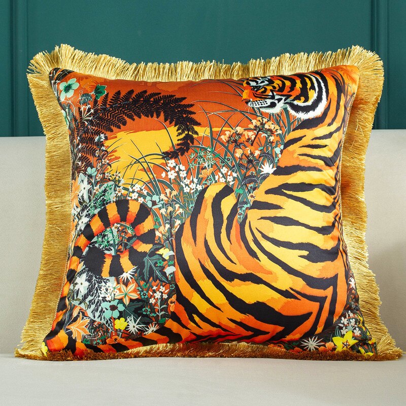 Lyxigt siden örngott tropiskt djur skog dekorativa kuddar med tofs 45cm leopard kuddfodral hem bäddsoffa dekoration: 4