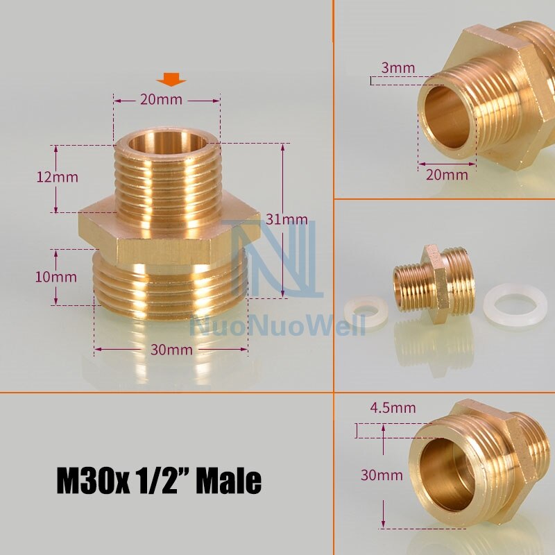 Nuonuowell 1pc m30*1.5 x 1/2 '' 3/4 '' reducer adapter gasrør fittings cooper stik slange reparationsfuger
