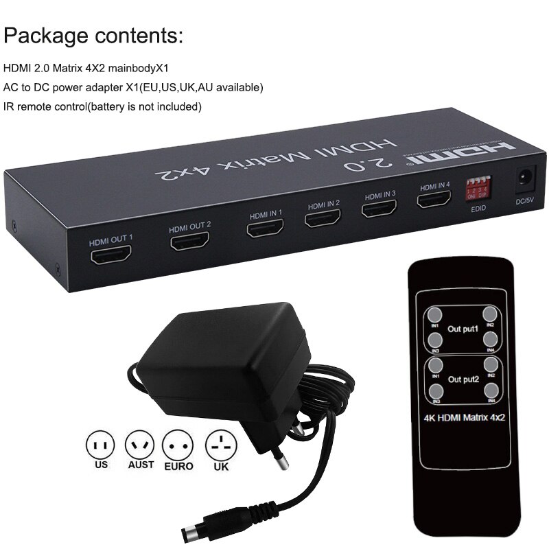 Matriz hdmi 2.0 4x2 4k, matriz hdmi 4x2 com áudio hdmi 2x2 matriz hdmi, interrupteur de matriz 4 en 2 diviseur 4k 60hz hdcp 2.2