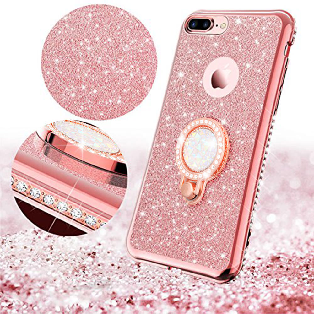 LAPOPNUT Rhinestone Glitter Cover Case for Iphone 11 Pro Xs Max X Xr 8 7 Plus 6 6s 5 5s SE Magnetic Finger 360 Ring Back Cover