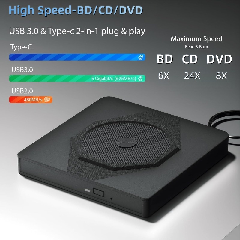 USB 3.0 3D Bluray Burner BD 6X Reader&Writer Drive External Blu ray Drives CD DVD Player Recorder for Windows 7/8/10/11 MacOS