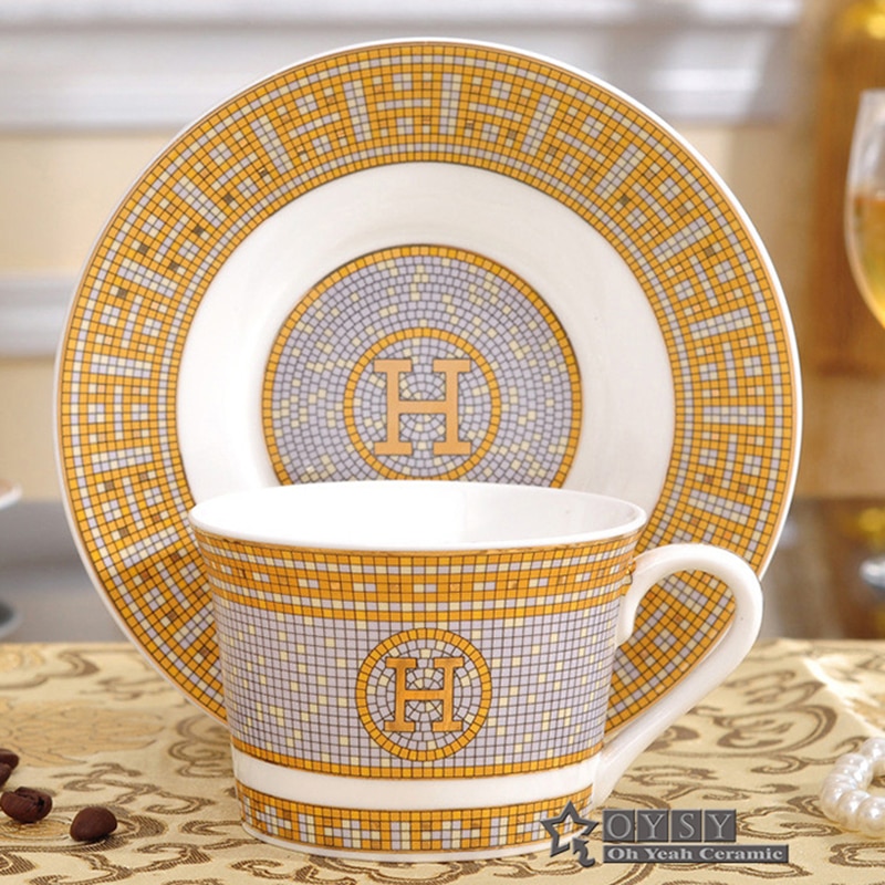 Porseleinen Kop En Schotel Bone China Koffie Set Mark Mozaïek Schets In Goud Thee Kop En Schotel Set schotel Set