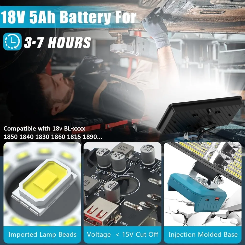 38w x 6000lm led arbejdslamper, lommelygte kompatibel med makita 18v batteri, ledningsfri arbejdslampe til camping, nødlys