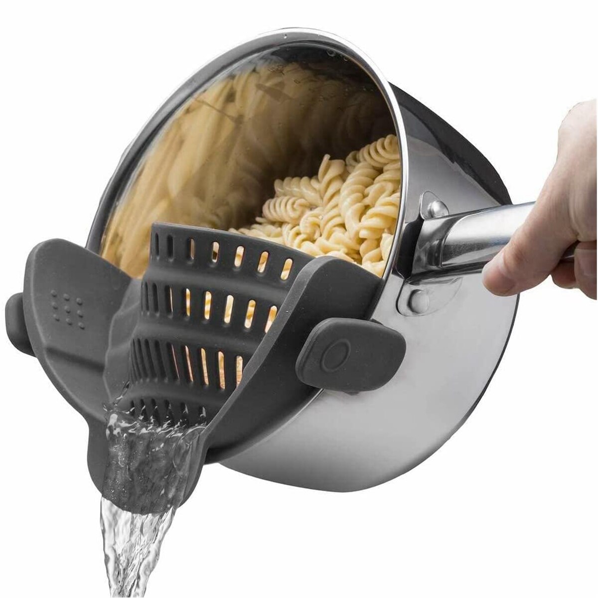Silicone Kitchen Clip on Pot Strainer Clip Pan Drain Rack Bowl Funnel Rice Pasta Strainer for Spaghetti Meat Grease Fits Pots: Grey