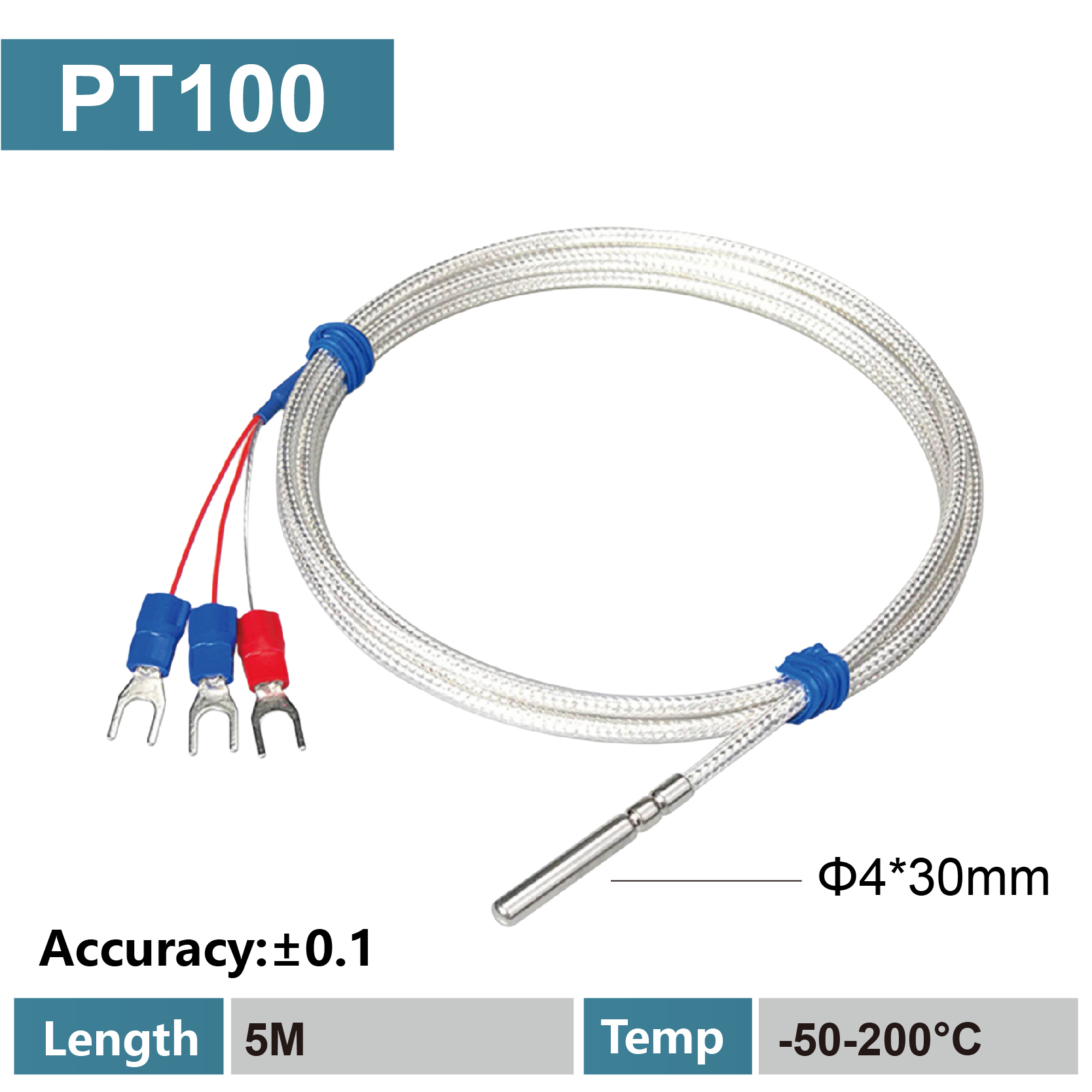 PT100 Temperature Sensor Waterproof Stainless Steel Probe High Temp RTD Platinum Resistance Thermometer Industrial Use: grey