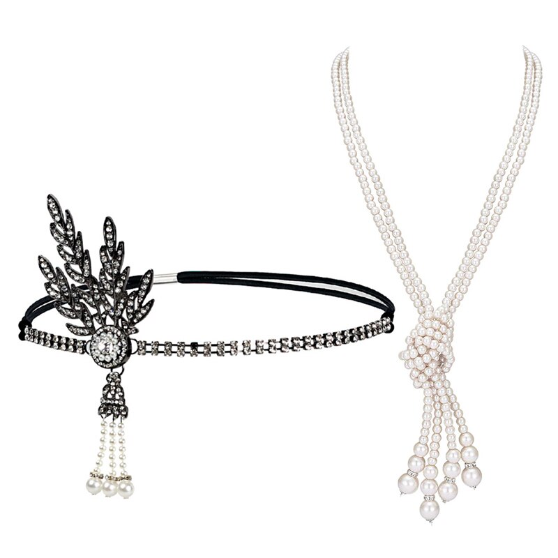Great Gatsby Accessories Set for Women 1920s Flapper Pearl Necklace Headband Leaf Headpiece Party Costume Jewelry: black T125