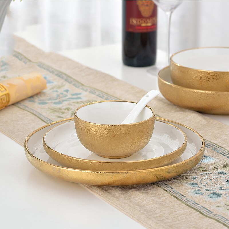 1 stk nordisk stil keramisk guld tallerken porcelæn fad suppe ris skål sæt snack dessert middag tallerken kage fad service