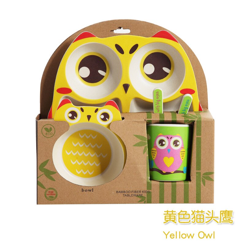 Owl Baby Dinnerware Set Bamboo Fiber Children's Plate Cartoon Baby Feeding Dishesd With Fork Spoon Cup Kids Tableware