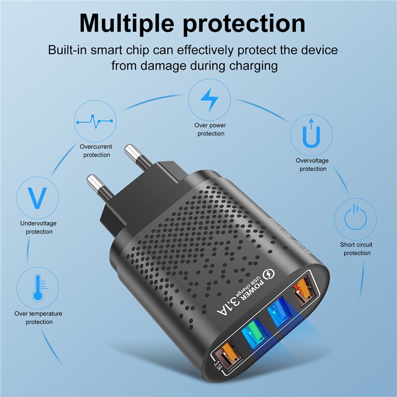 USLION 48W ładowarka USB szybkie ładowanie QC 3.0 ściana ładowanie dla iPhone 12 11 Samsung Xiaomi Mobile 4 porty ue usa wtyczka Adapter podróży