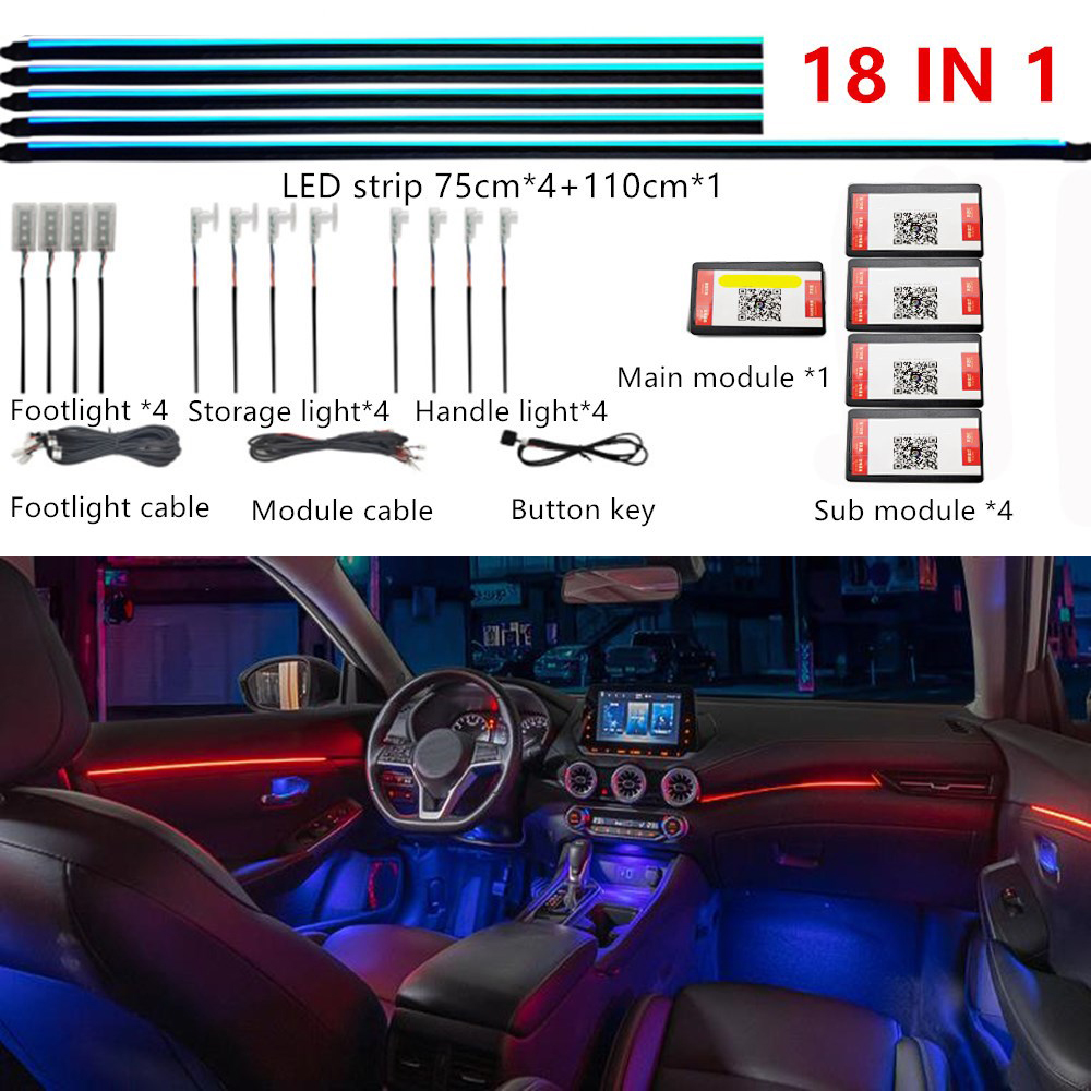 Luz ambiental LED sinfónica para coche 64 RGB guía de luz acrílica Interior atmósfera de decoración de coche de fibra óptica 18/14/10/6 en 1 Universal: Cristal azul