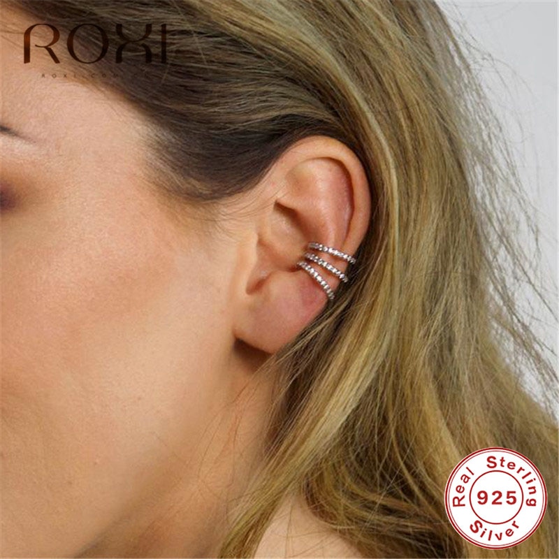 ROXI 100% 925 Sterling Silver Earring Korean Female Shining CZ Ear Cuff Clip on Earrings for Women Girl Without Piercing Earings