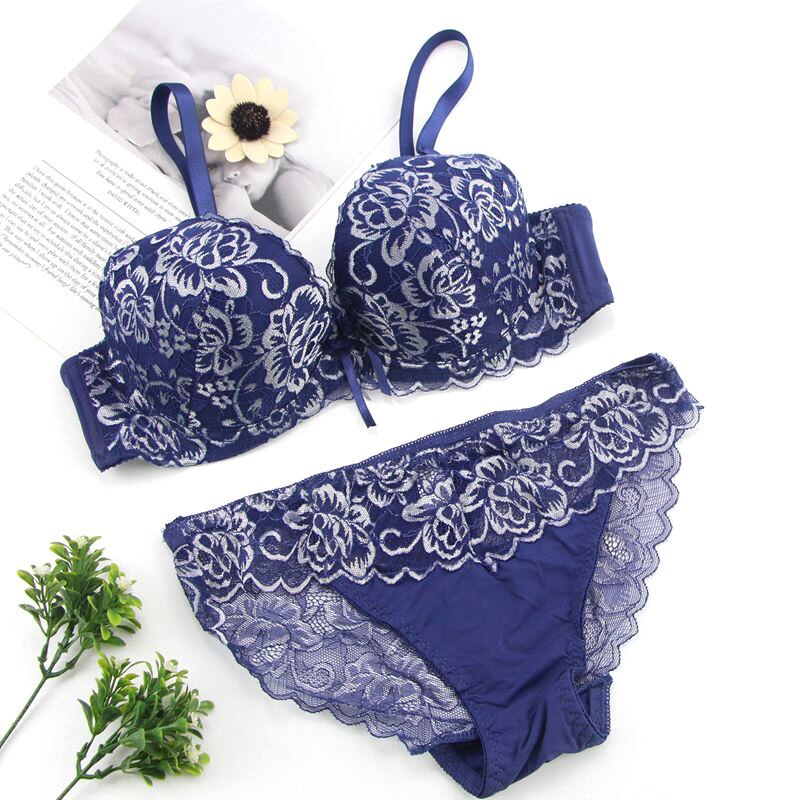 Sexede bh'er sæt print blonder dame plus size lingeri sæt bc skål broderi blå rødblomstret bh sæt dame intimer bh: Blå / 75c