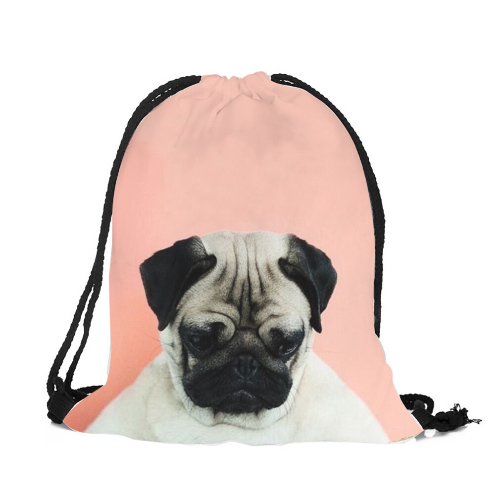 Pug Dog-Mochila con estampado 3D para mujer y niña, bolsa de viaje con cordón, de poliéster ecológico,: 002