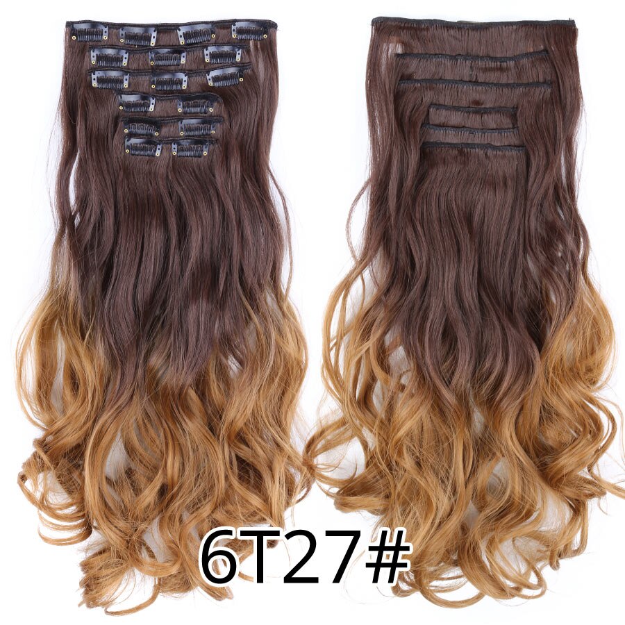 Leeons 16 clip in hair extensions hårtilbehør langt krøllet hår extension clip syntetisk varmebestandig fiber ombre farve: 6 t 27