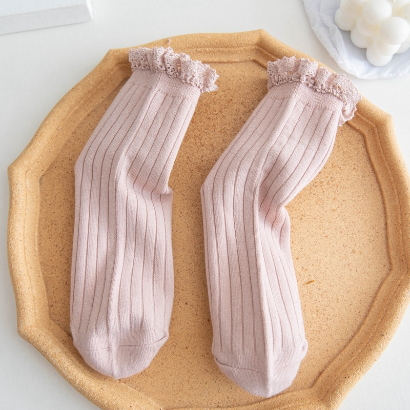 Japanese Style High School Students Loose Long Socks Solid Lacework Frilly Ruffle Socks Sweet Girls Kawaii Cute Woman Socks Sox: Pink