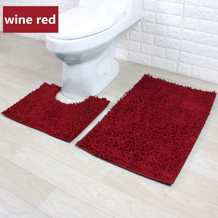 2 st/set tjock chenillematta entrédörr badrum anti-halkmatta kök toalett absorberande badrumsmatta chenille golvmatta: 2 st-vinröd