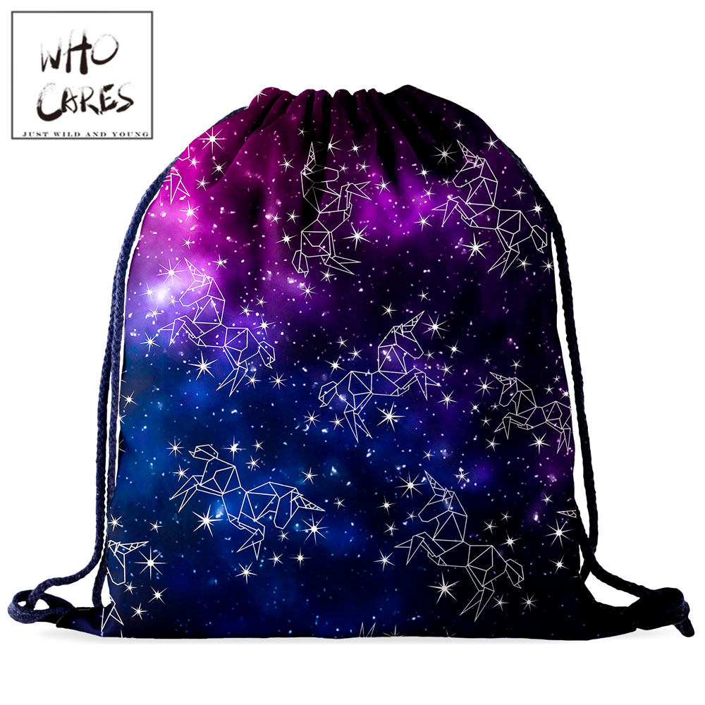 Quem se importa unicórnio saco céu estrelado cordão mochila feminina ginásio moda 3d impressão portátil à prova dwaterproof água esporte saco de viagem