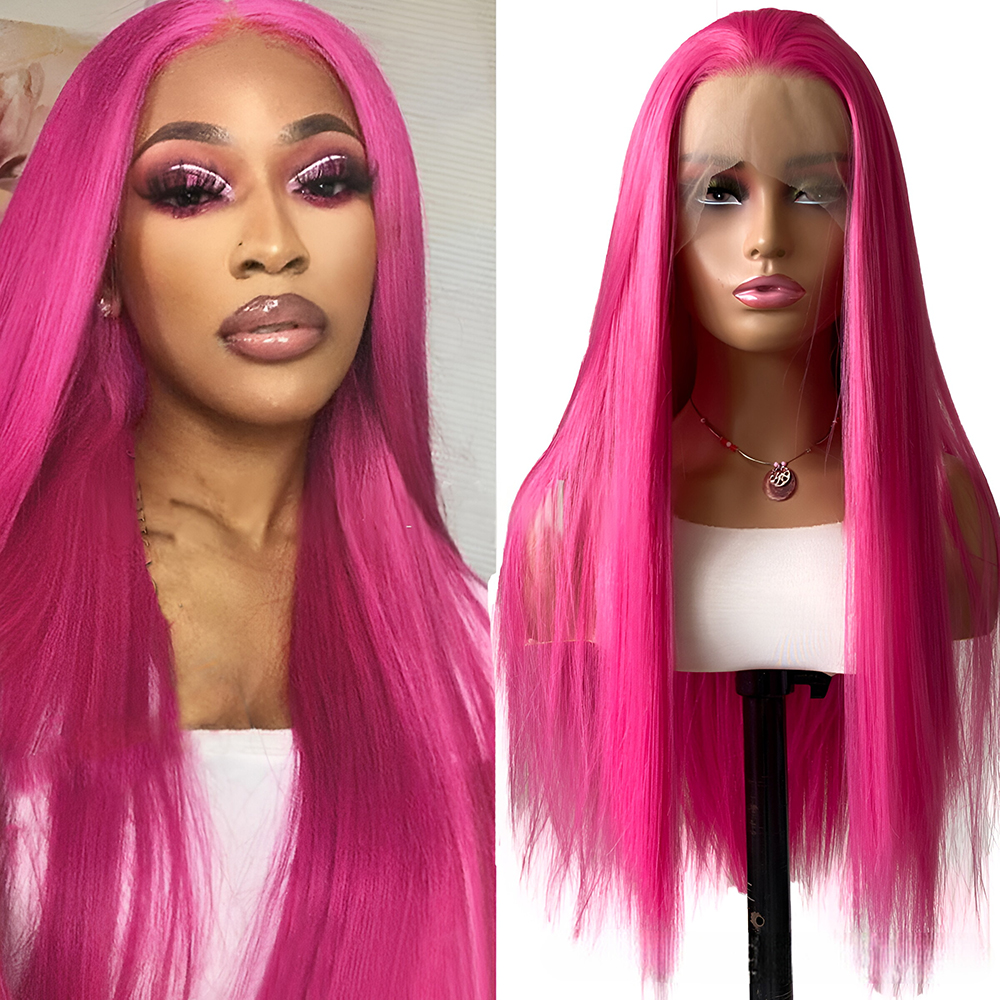 Perruque Lace Wig synthétique lisse Rose, sans colle, naissance des cheveux naturelle, usage quotidien, longue perruque Rose, partie de Cosplay, cheveux avant: 22 pouces