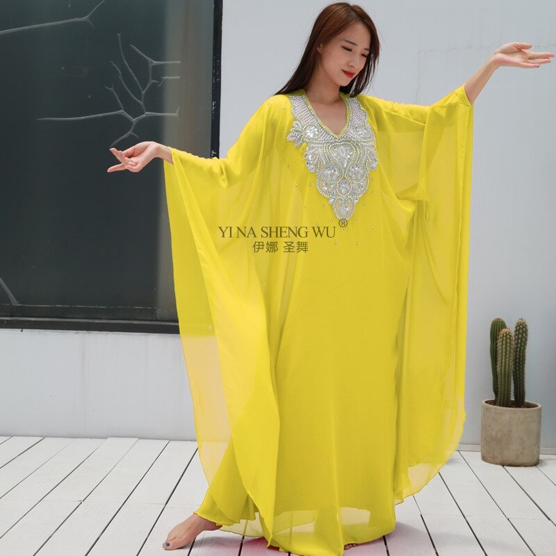 Vrouwen Dans Slijtage Buikdans Kleding Kaftan Jurk Met Pailletten Chiffon Traditionele Khaleeji Thobe Jurken Buikdans Gewaad: Yellow-Robe Only
