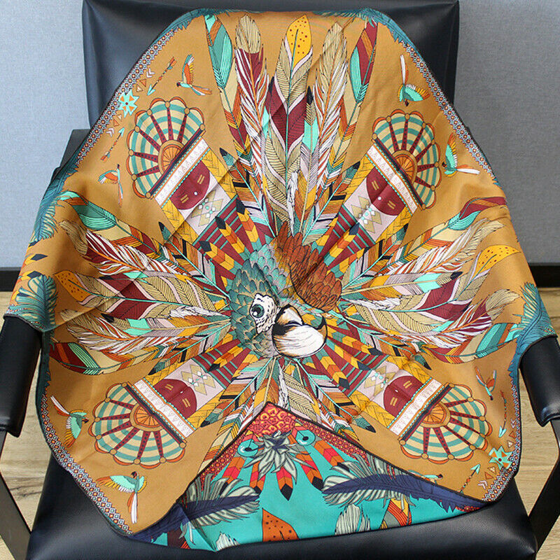 Foulard en soie sergé 100% pour hommes et femmes, 90x90cm, , Style Tribal aztèque, Double face, plume, châle, Hijab