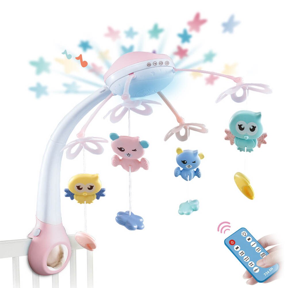 Baby krybbe mobiler rasler musik pædagogisk legetøj seng klokke karrusel til barnesenge projektion spædbarn baby legetøj 0-12 måneder med fjernbetjening: Lyserød