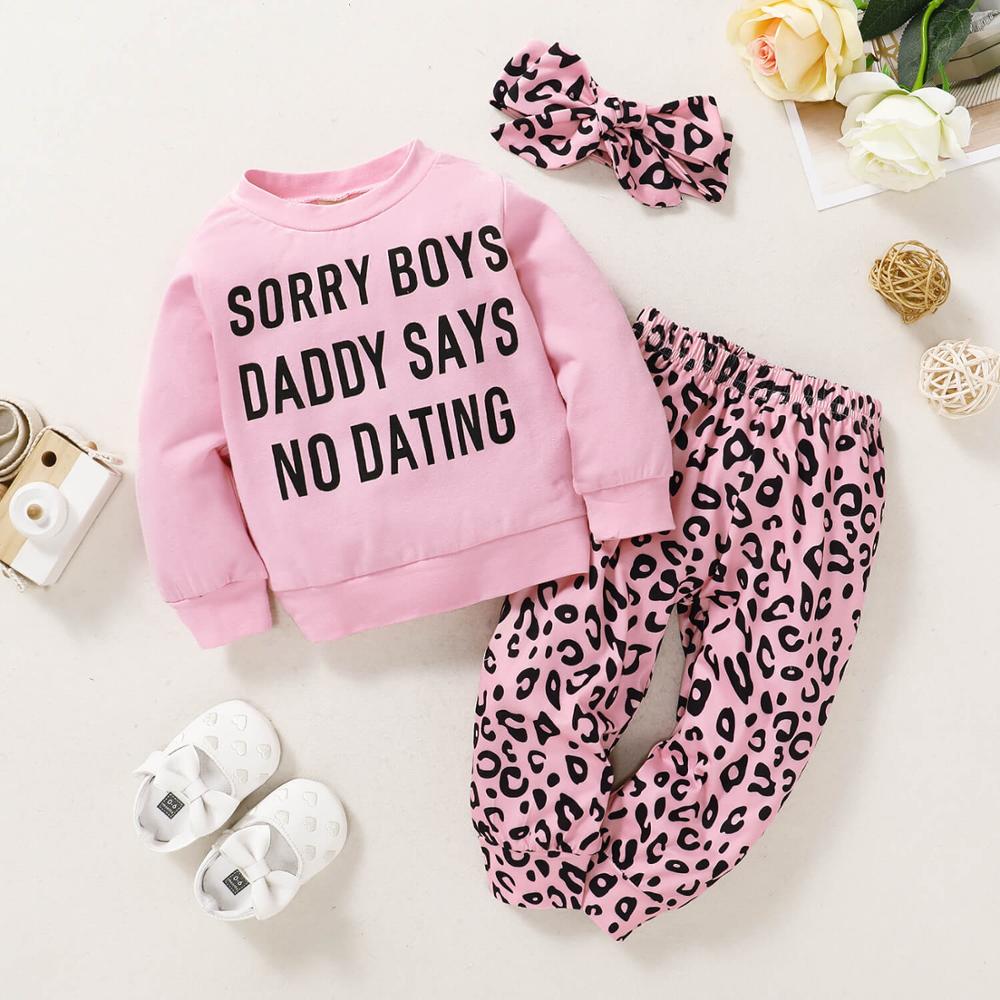 3 Stuks Kinderen Lente Outfits 18-24M Baby Meisje Kleding Roze Daddy Zegt Geen Dating Top + Luipaard broek Sets Baby Kleding Mikrdoo
