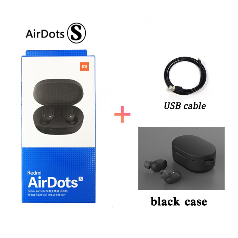 Original Xiaomi Airdots S Tws Redmi Airdots S Earbuds Wireless Earphone Bluetooth 5.0 Gaming Headset With Mic Voice Control: black case cable