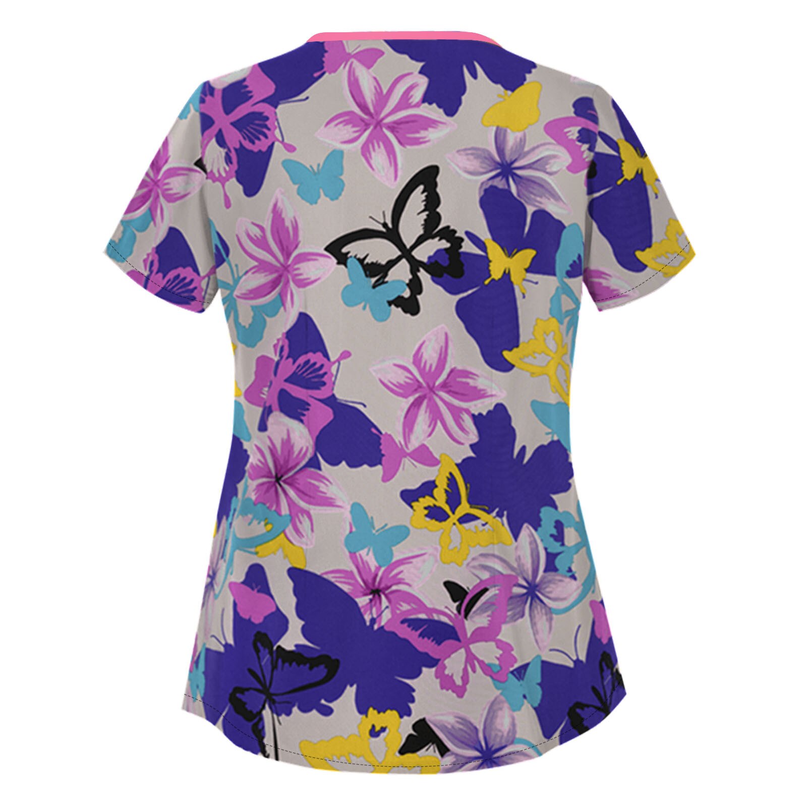 #Ac46 Women Butterfly Print Short Sleeve Neck Tops Working Uniform Women Blouse Shirt Nurse Uniform Медицинская Одежда