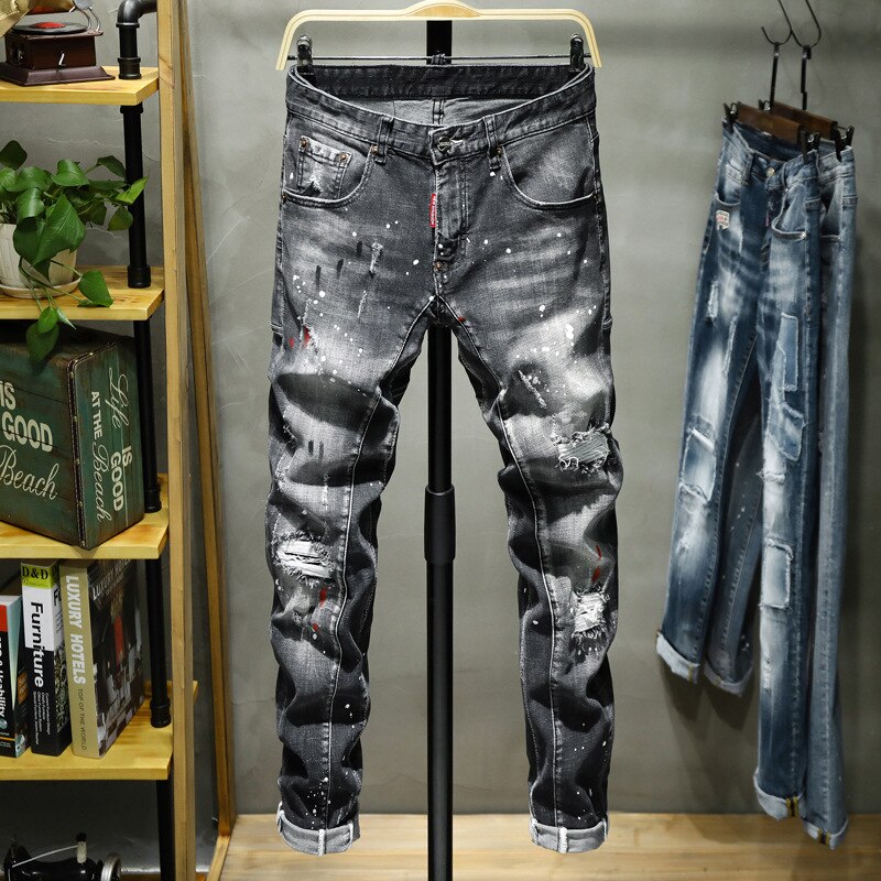 Jean homme trou d'éclaboussure Point de peinture doux coton souple élastique en cuir étiquette noir gris pantalon Slim rouge: 33