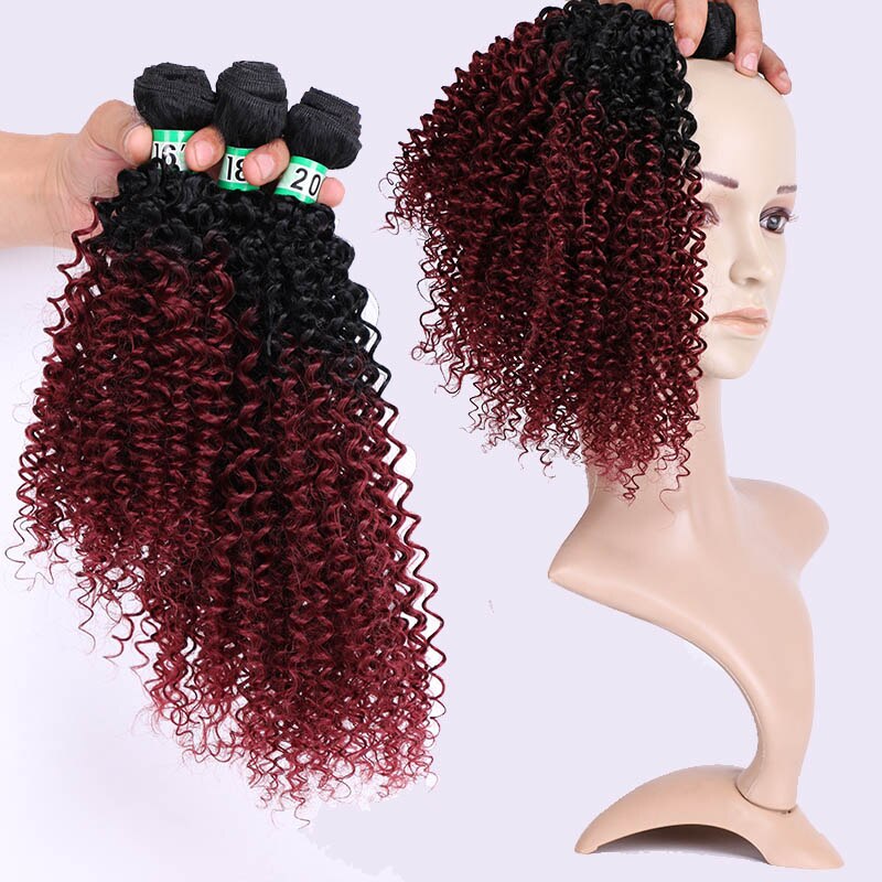 Extensiones de pelo rizado mechones de pelo sintético degradado, 3 unidades, un paquete, para cabello de una cabeza, tejido de sueño, hielo: T1B / color vino
