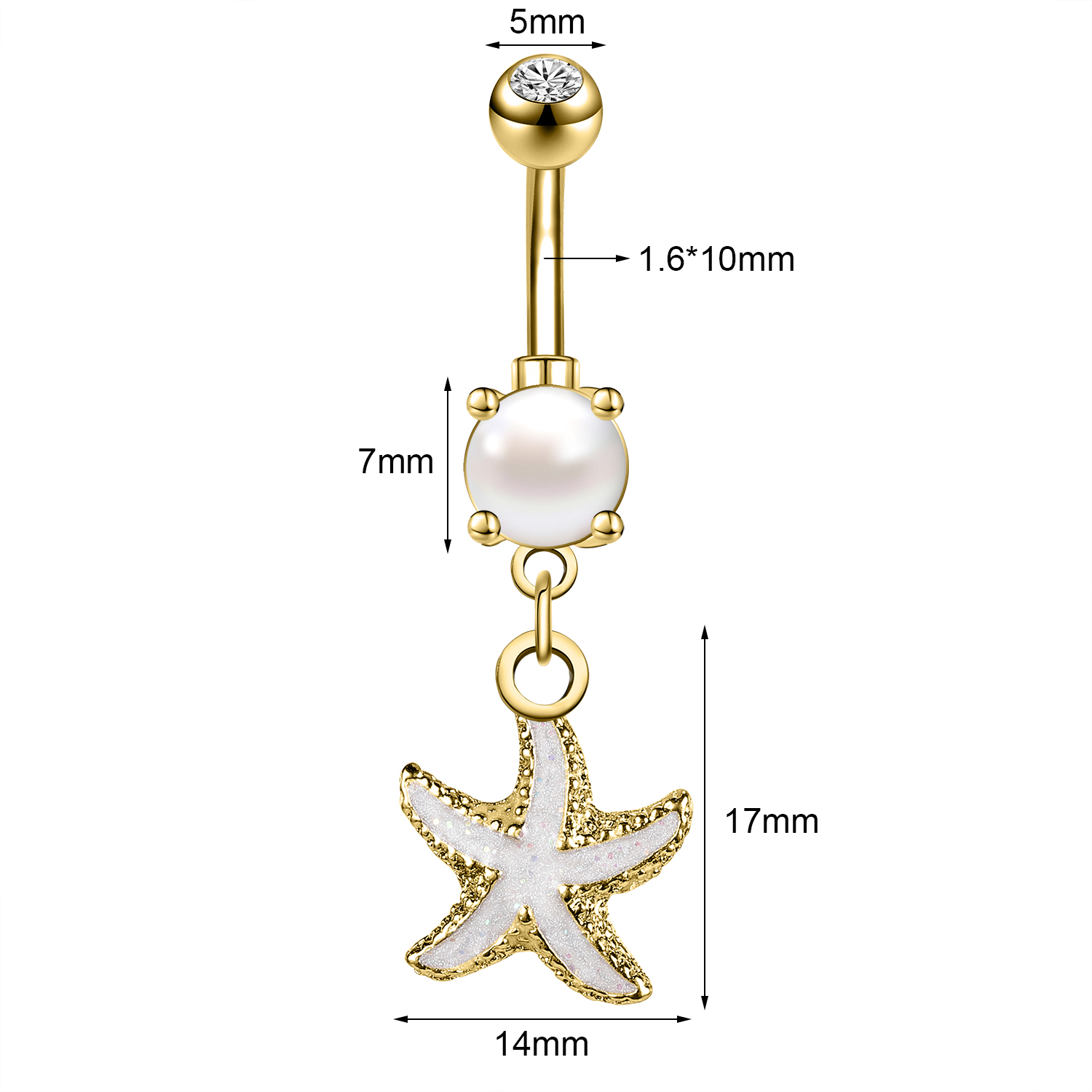 AOEDEJ, 14G, 1 pieza, anillo para Piercing en el ombligo de estrella de mar de cristal, joyería para Piercing corporal con perlas, anillo para el ombligo de concha para mujer de verano: Bañado en rodio de imitación