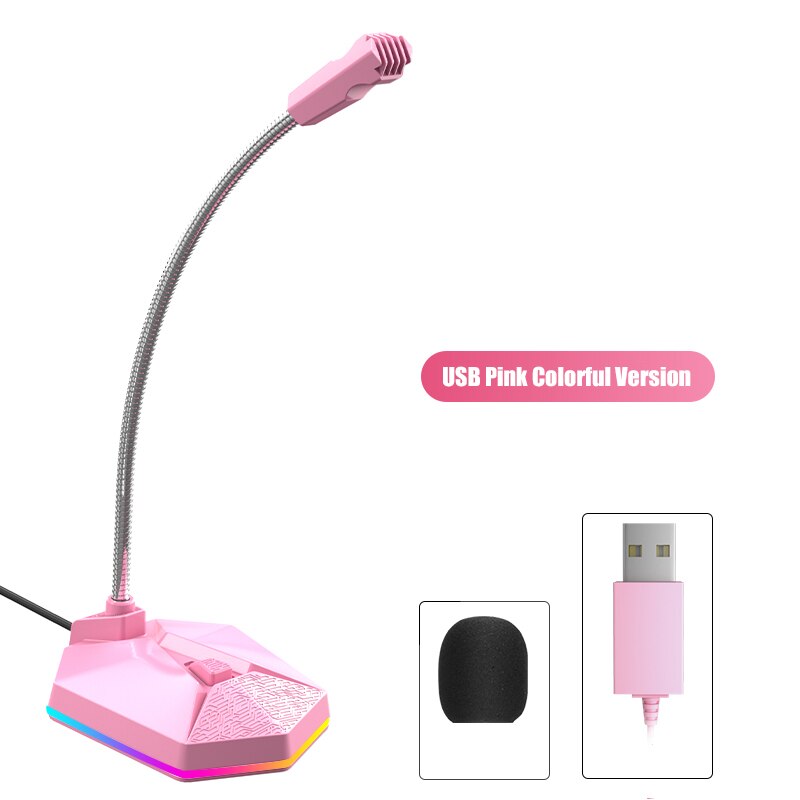 Pink USB Microphone Free Drive HD Sound Card Noise Reduction RGB Light-emitting Gaming Mike For Computer Gamer: Pink-USB