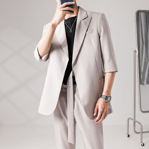 (Jacket+Pants) Blazers Men Solid Color Business Casual Suits Men Streetwear Wild Loose Korean Groom Wedding Dress Suit: apricot 2Pcs / S