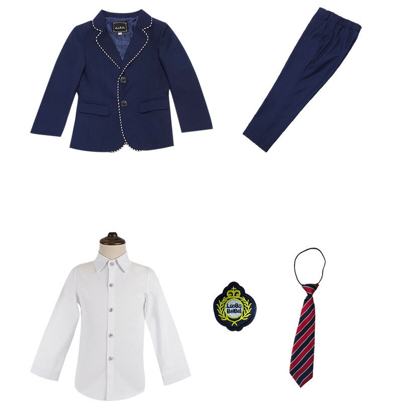 Boys School Uniform Girls Navy Jacket Skirt Shirt Tie Suits Kids Formal Dress Tuxedo Clothes Sets Students Outfits Child Costume: Boy 5 Pcs Sets