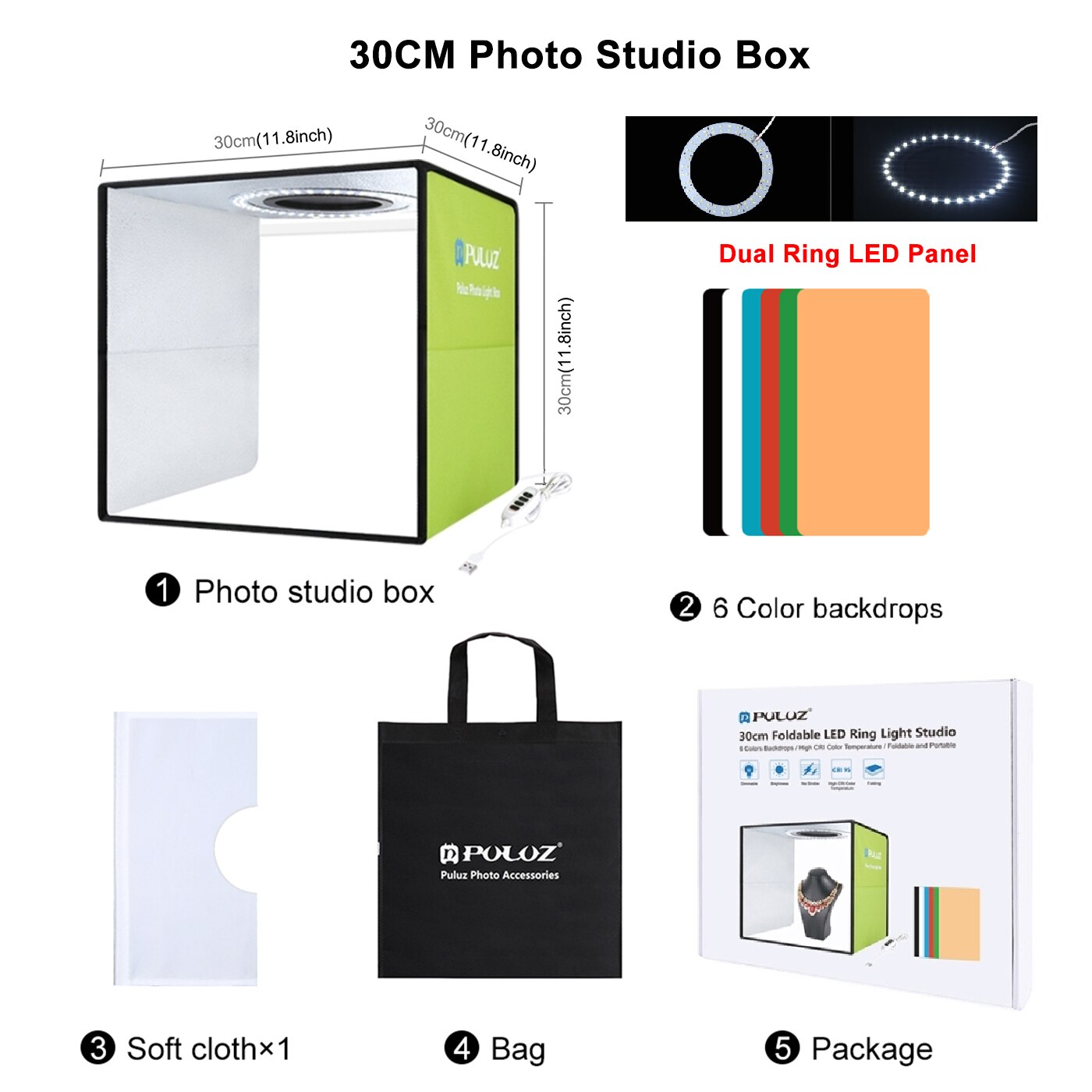 Puluz Mini Photo Studio Box Ring LED Photo Lightbox Photography Studio Shooting Box Box Kit e 6 fondali colorati Photo Softbox: 30cm Green Version