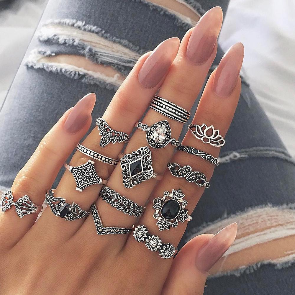 15 Teile/satz Böhmischen retro Ringe einstellen Für Frauen Kristall Blume Blätter Hohl Lotus Edelstein Knöchel Ring Hochzeit Schmuck