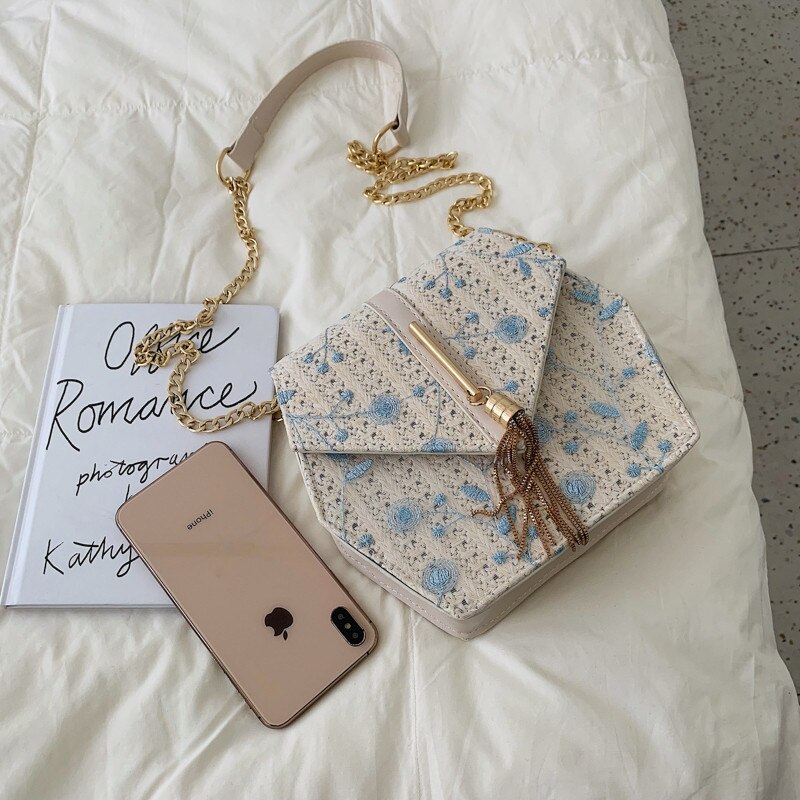 esagono Stile di Paglia Del Merletto del ricamo Borse Del Sacchetto Delle Donne di proprietà del Sacchetto Del Rattan Fatti A Mano Da Spiaggia Tessuto Della Borsa Della Boemia 2019 di Nuovo Modo