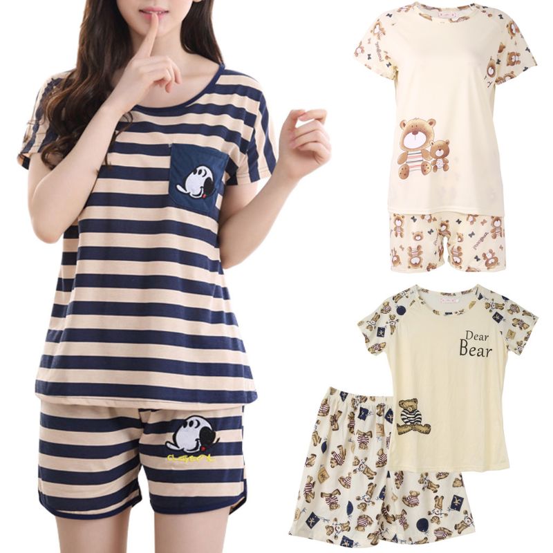 Women Cartoon Pajamas Short Sleeve Cotton Pyjamas Set Home Nightwear Sleepsuit
