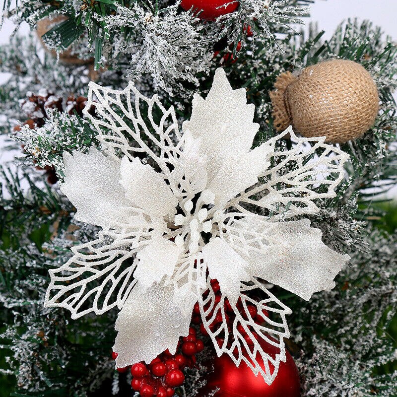 10 Pcs Christmas Poinsettia Glitter Flower Hollow Tree Hanging Decoration for Home Party DC120